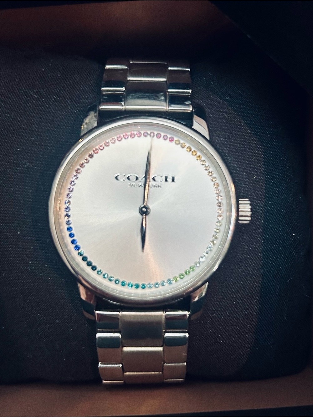 Coach Grand Multi Silver Stainless Steel Women’s Bracelet Watch Rainbow Crystal